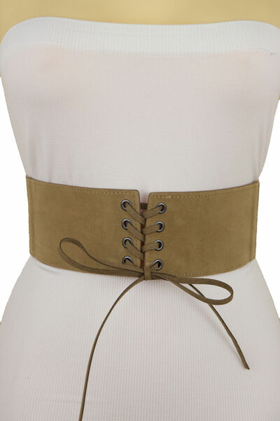 Women Beige Camel Faux Suede Leather Elastic Corset Fall Winter Style Belt S M