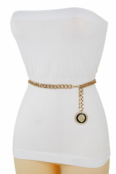 Women Fancy Gold Metal Chain Fashion Belt Long Lion Coin Charm Buckle XS S M