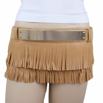 Women beige faux leather skirt tie fringes 90's belt gold metal s m