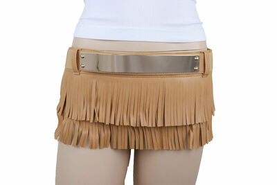 Women Beige Faux Leather Skirt Tie Fringes 90's Belt Gold Metal S M