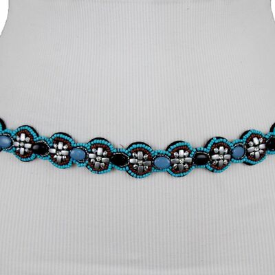 Women belt artsy fashion narrow black elastic blue silver beads floral round s m