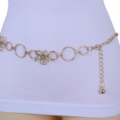 Women gold metal chain waistband bling flower charm wedding style belt s m l