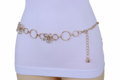 Women Gold Metal Chain Waistband Bling Flower Charm Wedding Style Belt S M L