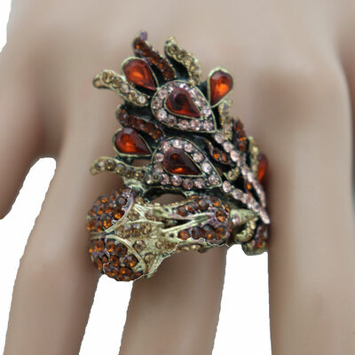 Women gold metal ring fashion elastic band peacock jewelry wrap around brown
