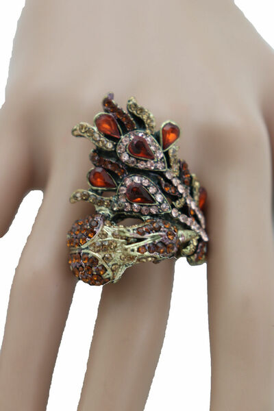 Women Gold Metal Ring Fashion Elastic Band Peacock Jewelry Wrap Around Brown