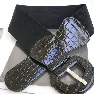 Women hip waist faux leather waistband black stretch wide casual belt xs s m