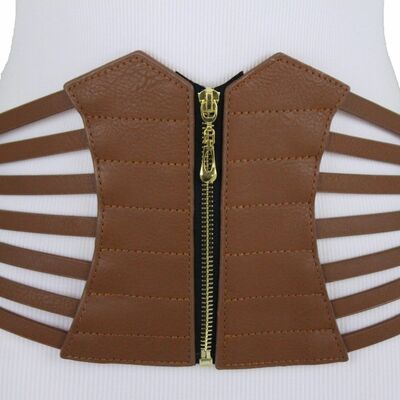 Women hip waist wide brown fashion cinch fabric corset stripes belt size m l