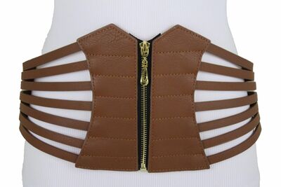 Women Hip Waist Wide Brown Fashion Cinch Fabric Corset Stripes Belt Size M L