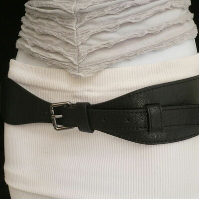 Women belt fashion hip high waist elastic faux leather black long buckle s m