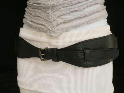 Women Belt Fashion Hip High Waist Elastic Faux Leather Black Long Buckle S M