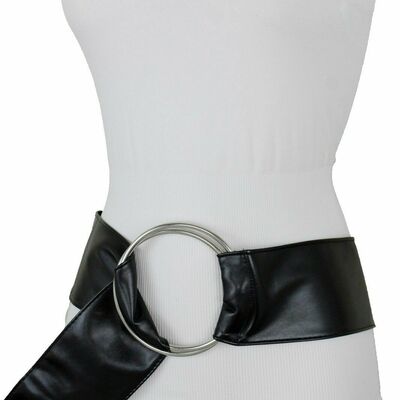 Women belt fashion hip waist black waistband big silver metal ring buckle s m l