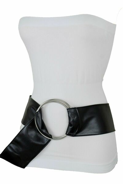 Women Belt Fashion Hip Waist Black Waistband Big Silver Metal Ring Buckle S M L