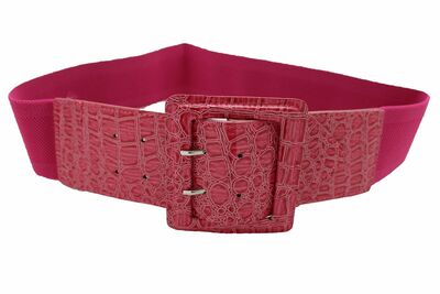 Women Pink Faux Leather Wide Elastic Waistband Fashion Belt Hip Waist M L XL