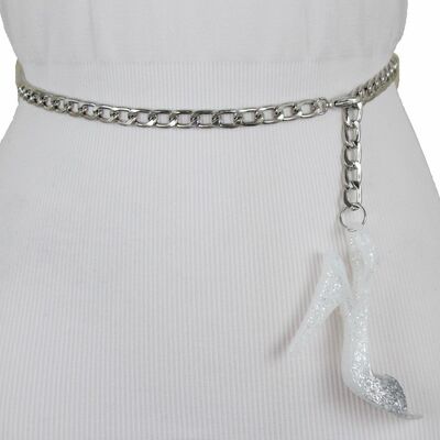 Women belt hip waist silver metal chain dressy fashion big shoe buckle m l xl