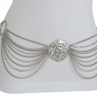 Women belt silver metal chain side rings multi strand wave lion charm size s m l