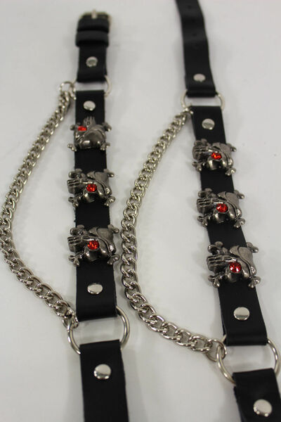 Men Biker Boots Bracelets Chain Black Leather Pair Straps Silver Skull Skeleton