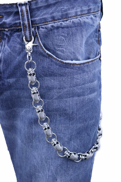 Men Biker Key Wallet Chain Ring Silver Metal Skull Skeleton Charm Day Night Wear