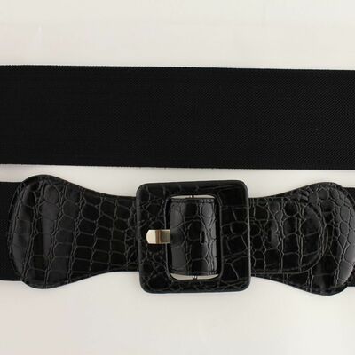 Women belt wide elastic black fashion hip high waist square buckle fits xs s m