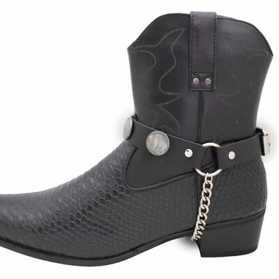 Men boot bracelet silver metal chain black pair strap buffalo bull western bands