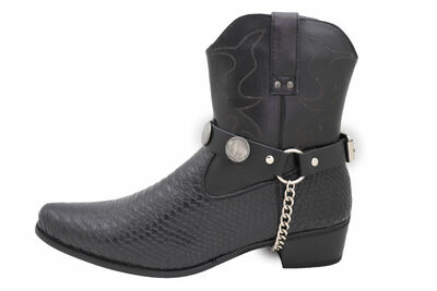 Men Boot Bracelet Silver Metal Chain Black Pair Strap Buffalo Bull Western Bands