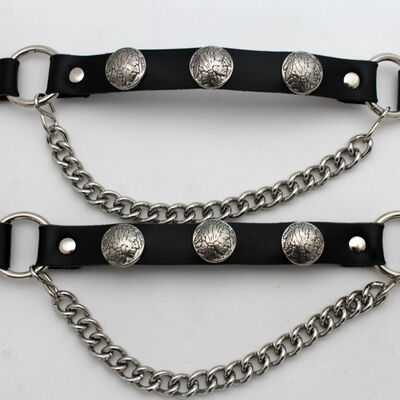 Men boot silver chain faux leather 2 straps bracelet native american motorcycle