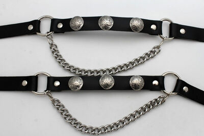 Men Boot Silver Chain Faux Leather 2 Straps Bracelet Native American Motorcycle