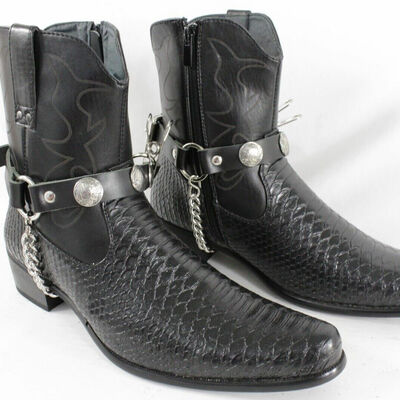 Men boots silver chains pair faux leather straps native american adjustable size