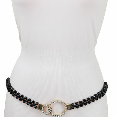 Women black beads elastic band sexy bling hot belt gold metal circle buckle s m