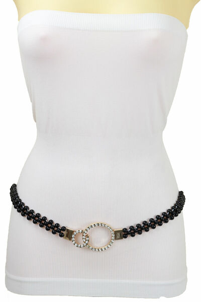 Women Black Beads Elastic Band Sexy Bling Hot Belt Gold Metal Circle Buckle S M
