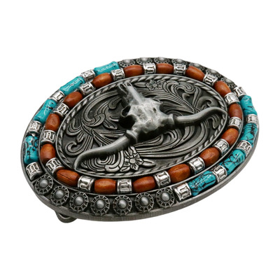 Men dark silver metal belt buckle western fashion bull long horn rodeo cowboys
