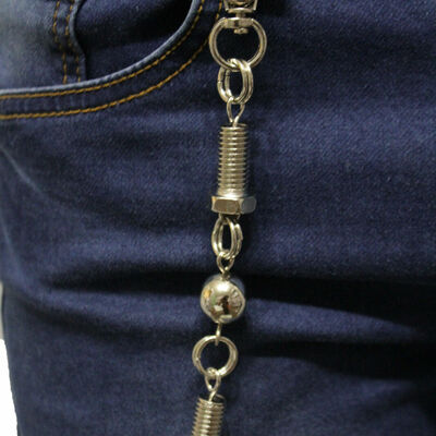 Men long silver metal wallet chains key rocker chunky strand balls biker screws