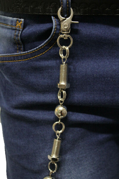 Men Long Silver Metal Wallet Chains Key Rocker Chunky Strand Balls Biker Screws