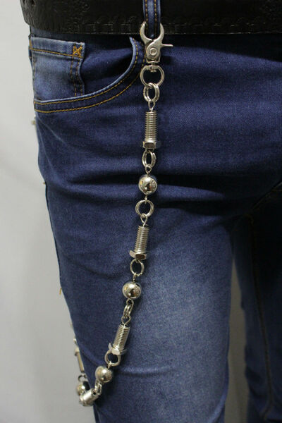 Men Long Silver Metal Wallet Chains KeyChain Punk Chunky Strand Balls Big Screws