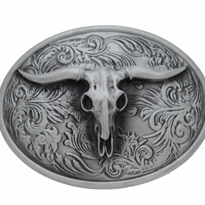 Men silver belt buckle western fashion bull skull texas long horn cow jeans pant