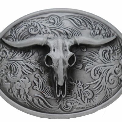 Men silver belt buckle western fashion bull skull texas long horn cow oval shape