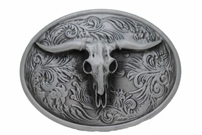 Men Silver Belt Buckle Western Fashion Bull Skull Texas Long Horn Cow Oval Shape