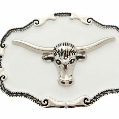 Men silver metal belt buckle texas long horn cow white rodeo cowboy bull 