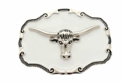 Men Silver Metal Belt Buckle Texas Long Horn Cow White Rodeo Cowboy Bull 