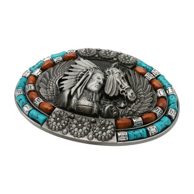Men Silver Metal Belt Western Native Warrior Horse Blue Brown Floral Filigree