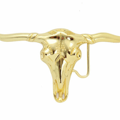 Men western fashion belt big buckle gold metal texas long horn cow bull skeleton