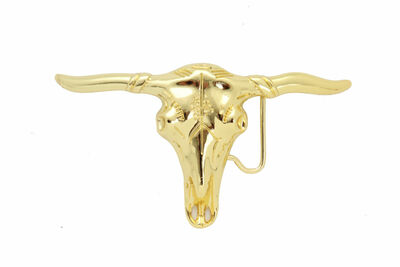 Men Western Fashion Belt Big Buckle Gold Metal Texas Long Horn Cow Bull Skeleton