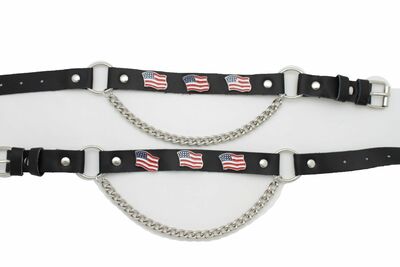 Men Biker Silver Boots Chains Straps Pair Black Leather American Flag USA