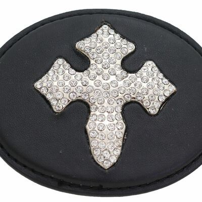 Men women fashion western black fabric oval belt buckle silver metal bling cross
