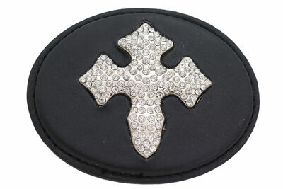 Men Women Fashion Western Black Fabric Oval Belt Buckle Silver Metal Bling Cross