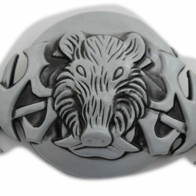 Men women silver buckle black animal wild pig boar tusks head hunters bull