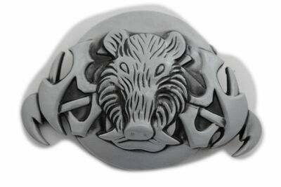 Men Women Silver Buckle Black Animal Wild Pig Boar Tusks Head Hunters Bull