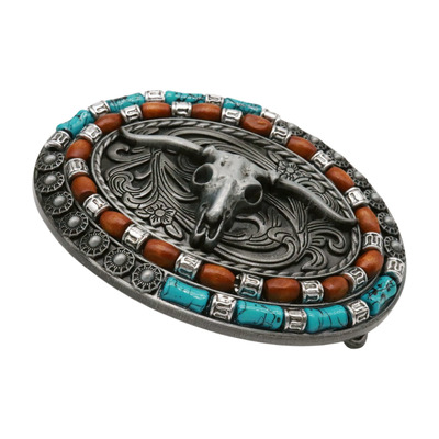 Men women silver metal buckle western bull long horn texas cow oval shape casual