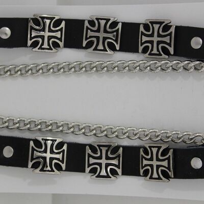 Men western boot silver chains pair leather straps bracelet iron cross