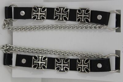 Men Western Boot Silver Chains Pair Leather Straps Bracelet Iron Cross