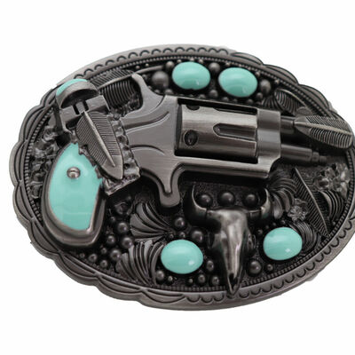 Men women western buckle silver metal revolver gun feather bull turquoise biker